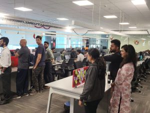 Employees at JR Technologies taking part in fun activities at the office. It features on the employee engagement page of the company JR Technologies. The company provides innovative business solutions in the travel landscape and beyond.